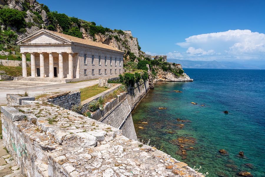 View of Sain George Church in the Old Fortress on Corfu, Greece